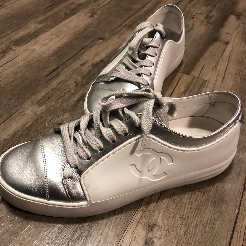 Chanel Silver and White Sneakers